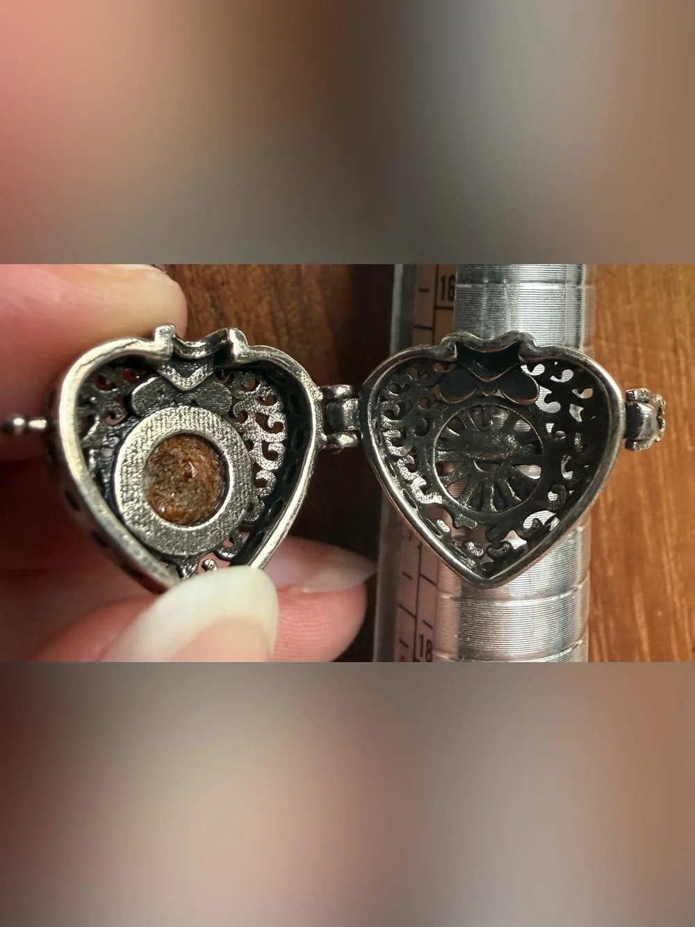 Silver Tone Heart Locket Filigree Ring with Acrylic Center Poison Perfume